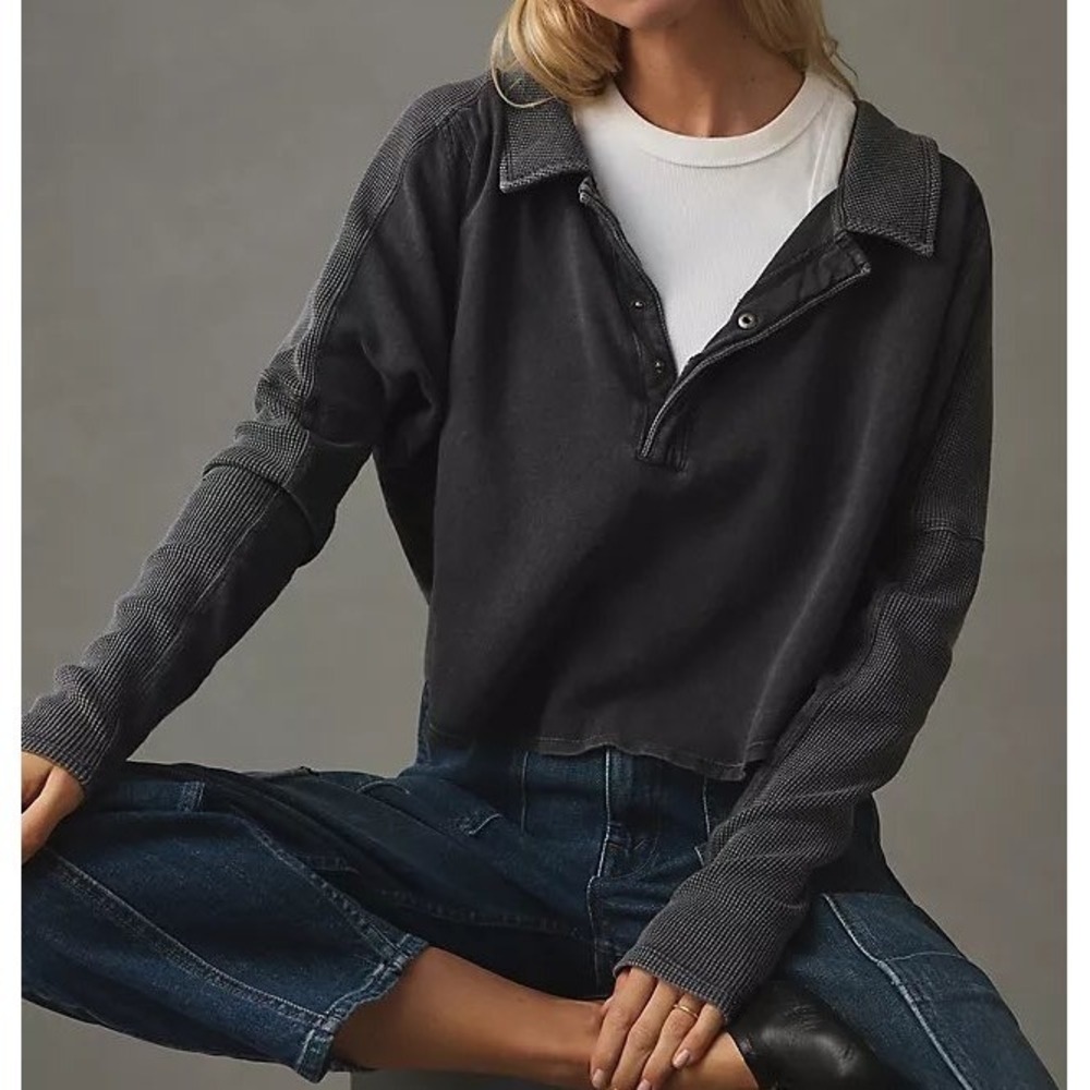 Daily Practice‎ by Anthropologie Black Waffle Knit Cropped Henley Pullover Small